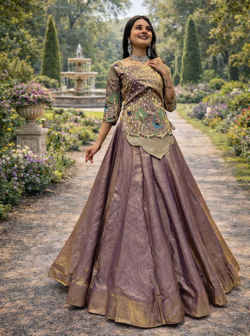 lehenga set lavender silk satin embroidered party wear