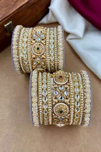 Bridal kundan pearl bangles set     traditional indian jewelry