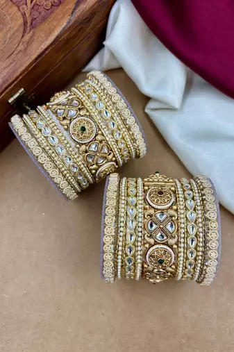Bridal kundan pearl bangles set     traditional indian jewelry