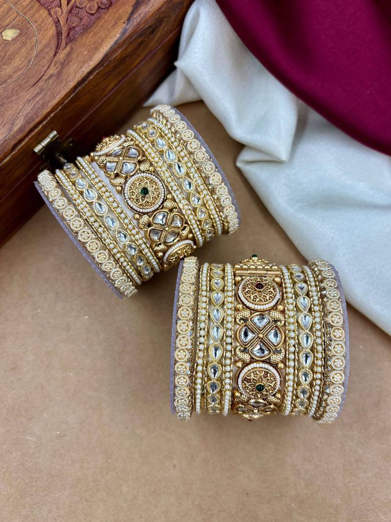 Bridal kundan pearl bangles set     traditional indian jewelry