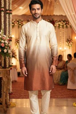 Men   s cream   brown shaded rayon printed kurta with cotton pyjama 1
