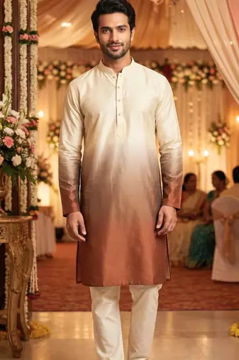 Men’s cream–brown shaded rayon printed kurta with cotton pyjama