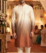 Men’s cream–brown shaded rayon printed kurta with cotton pyjama