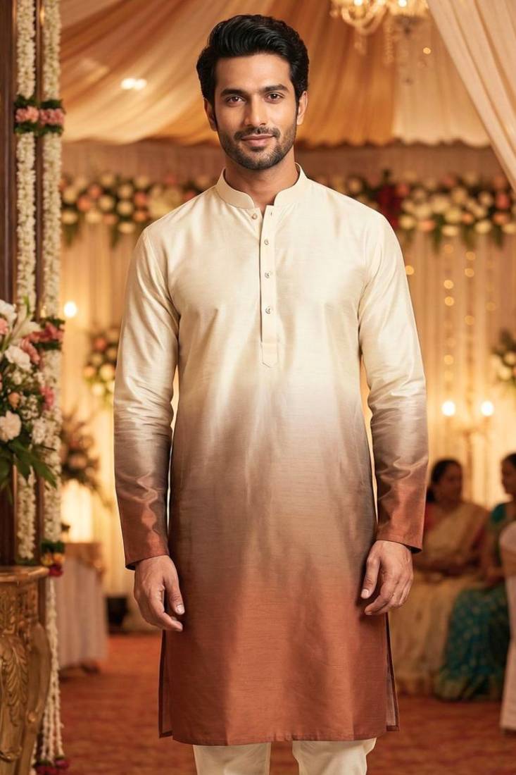 Men’s cream–brown shaded rayon printed kurta with cotton pyjama