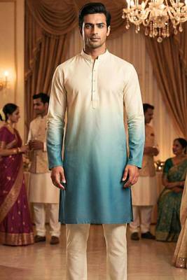 Men   s cream   firozi shaded rayon printed kurta with cotton pyjama 1