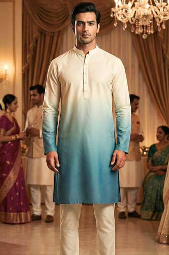 Men   s cream   firozi shaded rayon printed kurta with cotton pyjama