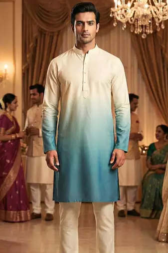 Men’s cream–firozi shaded rayon printed kurta with cotton pyjama