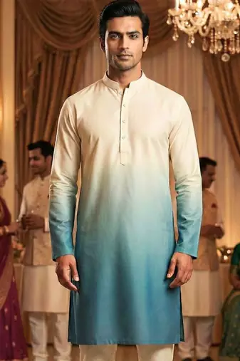 Men   s cream   firozi shaded rayon printed kurta with cotton pyjama