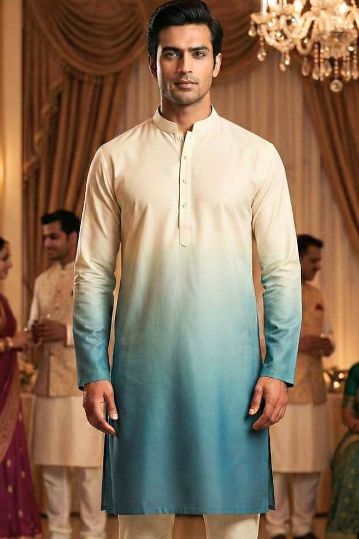 Men’s cream–firozi shaded rayon printed kurta with cotton pyjama