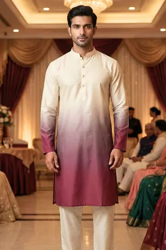 Men’s cream–wine shaded rayon printed kurta with cotton pyjama