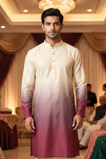 Men   s cream   wine shaded rayon printed kurta with cotton pyjama