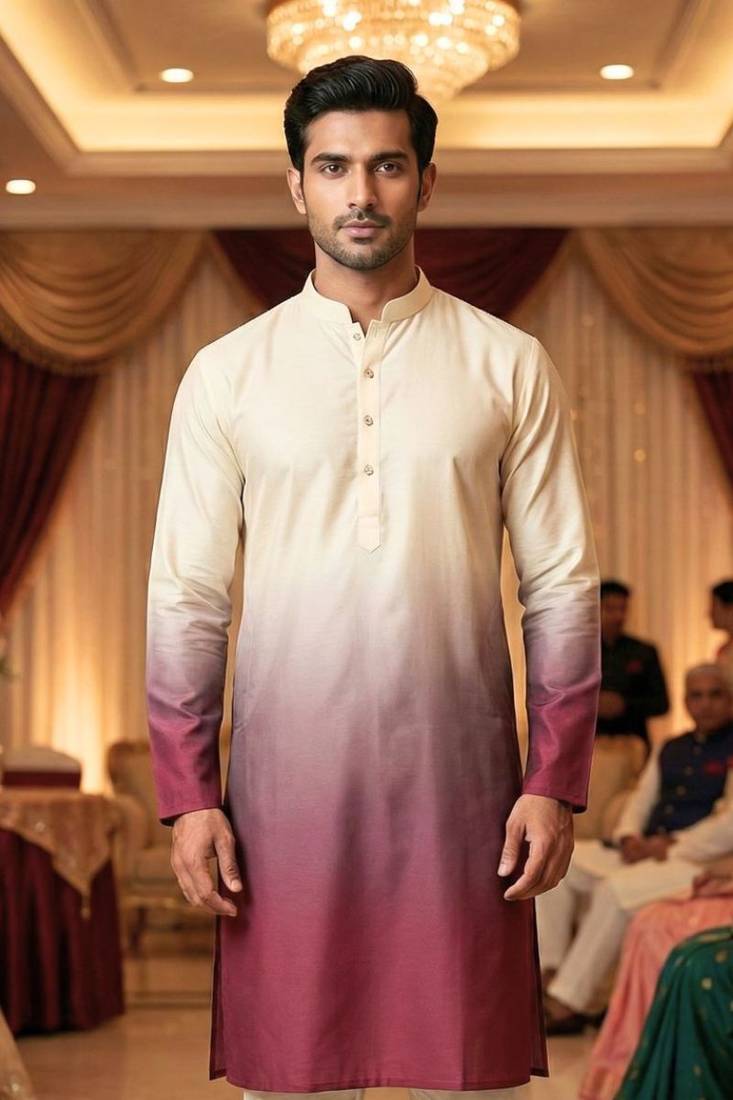 Men’s cream–wine shaded rayon printed kurta with cotton pyjama