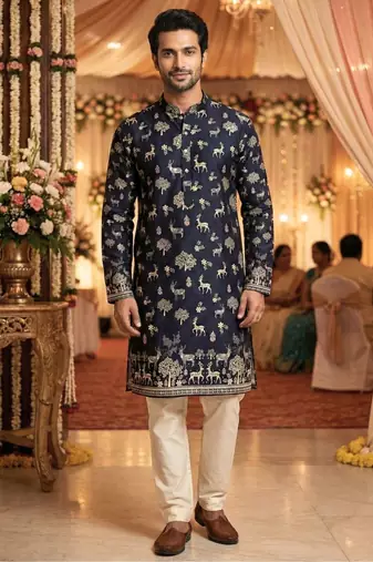 Men’s navy blue printed rayon kurta with cotton pyjama