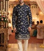 Men’s navy blue printed rayon kurta with cotton pyjama