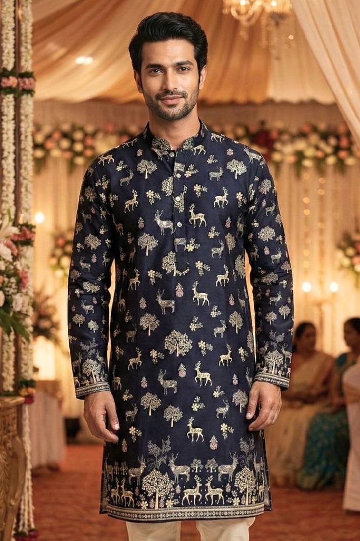 Men’s navy blue printed rayon kurta with cotton pyjama