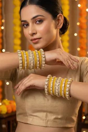 Royal yellow velvet bangles set