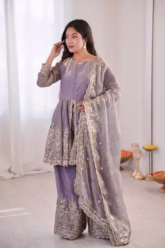 Lavender FENDY SATIN SILK EMBROIDERY WORK PARTY wear SALWAR SUIT 