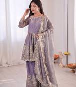 Lavender FENDY SATIN SILK EMBROIDERY WORK PARTY wear SALWAR SUIT 
