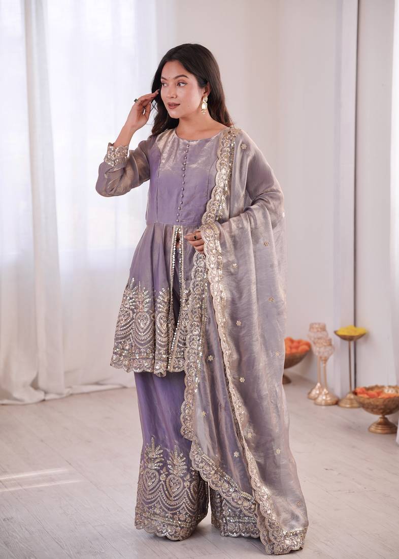 Lavender FENDY SATIN SILK EMBROIDERY WORK PARTY wear SALWAR SUIT 