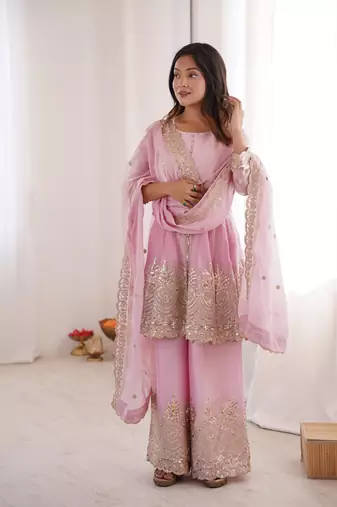 Baby Pink FENDY SATIN SILK EMBROIDERY WORK PARTY wear SALWAR SUIT 