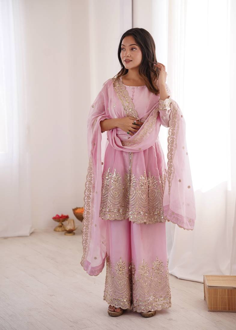 Baby Pink FENDY SATIN SILK EMBROIDERY WORK PARTY wear SALWAR SUIT 