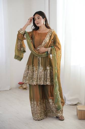 Olive FENDY SATIN SILK EMBROIDERY WORK PARTY wear SALWAR SUIT 