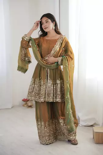 Olive FENDY SATIN SILK EMBROIDERY WORK PARTY wear SALWAR SUIT 
