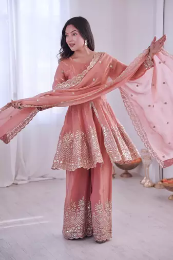 Peach FENDY SATIN SILK EMBROIDERY WORK PARTY wear SALWAR SUIT 