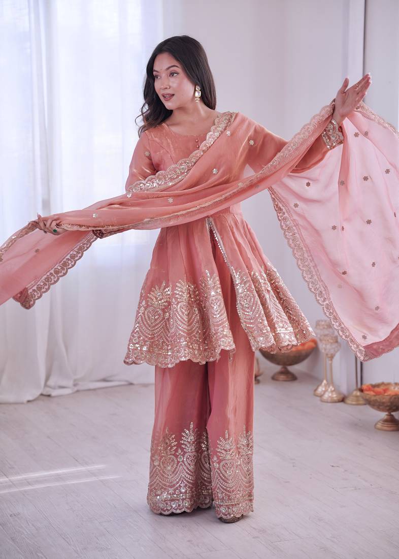 Peach FENDY SATIN SILK EMBROIDERY WORK PARTY wear SALWAR SUIT 