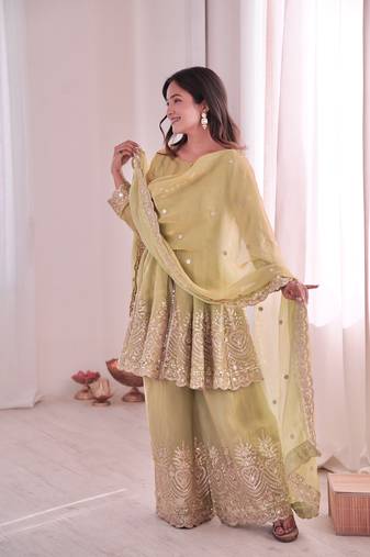 Pista Green FENDY SATIN SILK EMBROIDERY WORK PARTY wear SALWAR SUIT 
