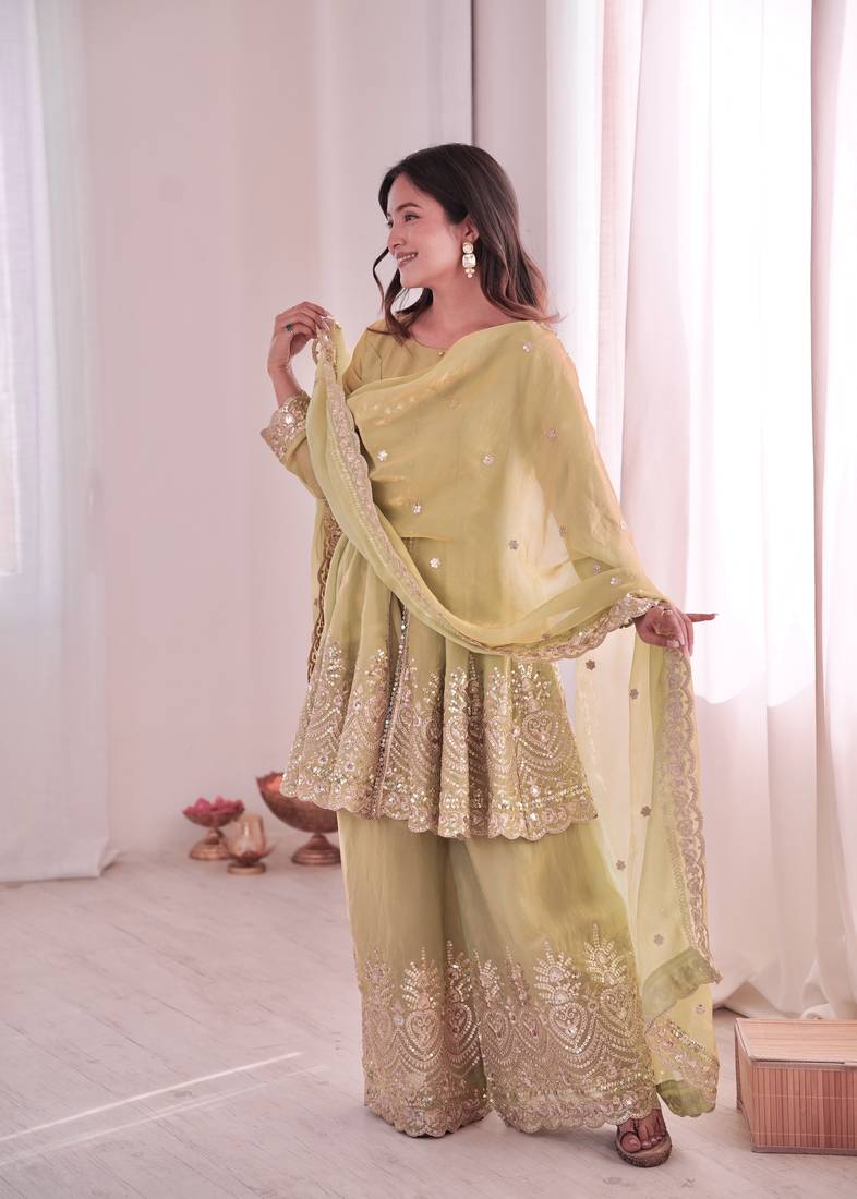Pista Green FENDY SATIN SILK EMBROIDERY WORK PARTY wear SALWAR SUIT 