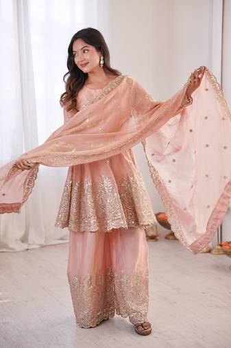 Light Peach FENDY SATIN SILK EMBROIDERY WORK PARTY wear SALWAR SUIT 