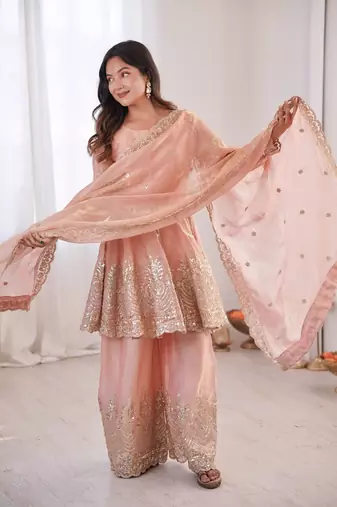 Light Peach FENDY SATIN SILK EMBROIDERY WORK PARTY wear SALWAR SUIT 