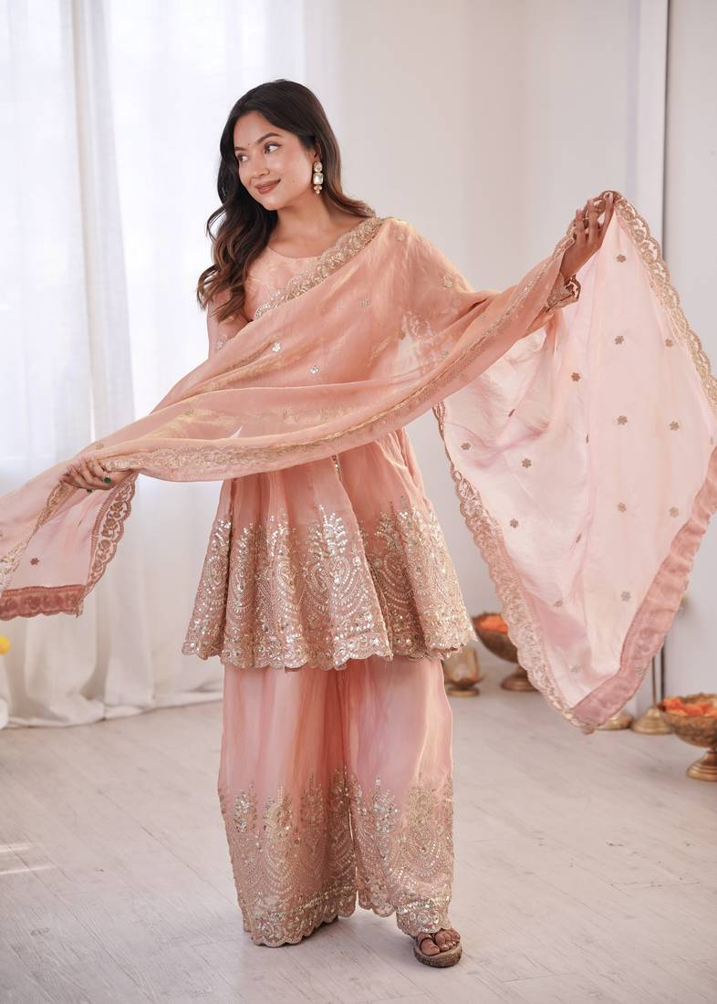 Light Peach FENDY SATIN SILK EMBROIDERY WORK PARTY wear SALWAR SUIT 