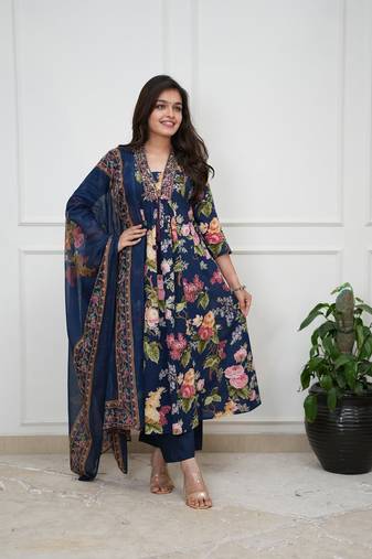Navy Blue Floral Printed Cotton Flared Kurta Set with Dupatta