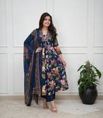 Navy Blue Floral Printed Cotton Flared Kurta Set with Dupatta