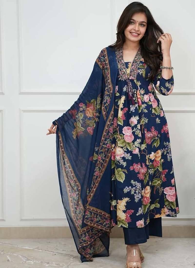 Navy Blue Floral Printed Cotton Flared Kurta Set with Dupatta