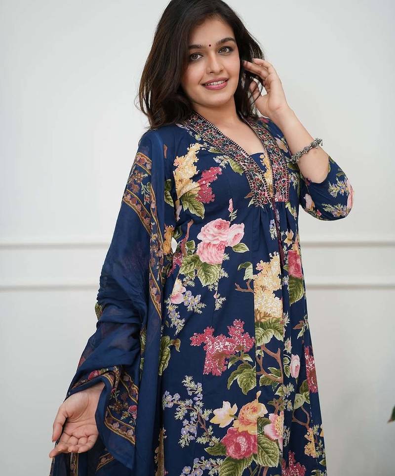 Navy Blue Floral Printed Cotton Flared Kurta Set with Dupatta