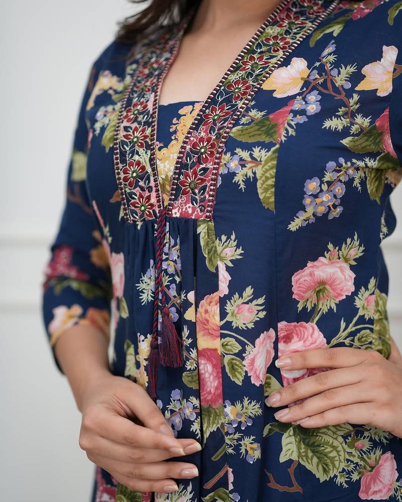 Navy Blue Floral Printed Cotton Flared Kurta Set with Dupatta