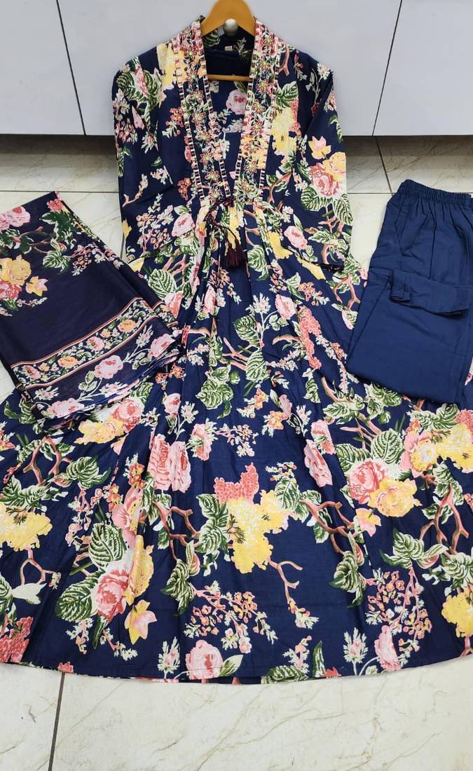 Navy Blue Floral Printed Cotton Flared Kurta Set with Dupatta