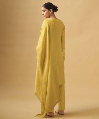 Sunlit mustard viscose rayon kurta set with sheer organza dupatta 1
