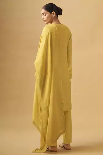 Sunlit mustard viscose rayon kurta set with sheer organza dupatta