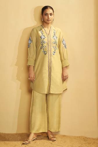 Yellow floral embroidered chanderi co-ord set