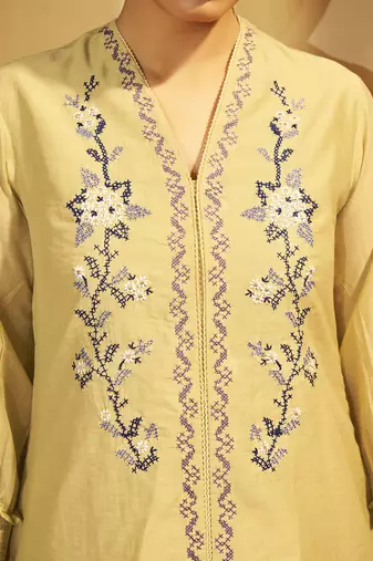 Yellow floral embroidered chanderi co-ord set