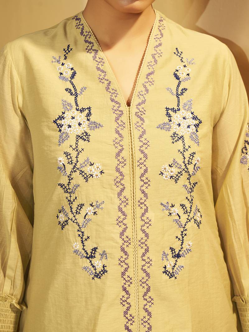 Yellow floral embroidered chanderi co-ord set