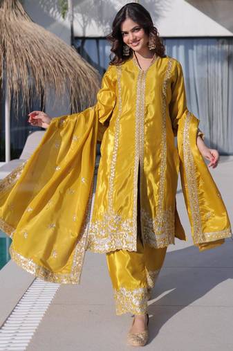 Yellow silk sequins & zari embroidered work kurta and pant and heavy dupatta