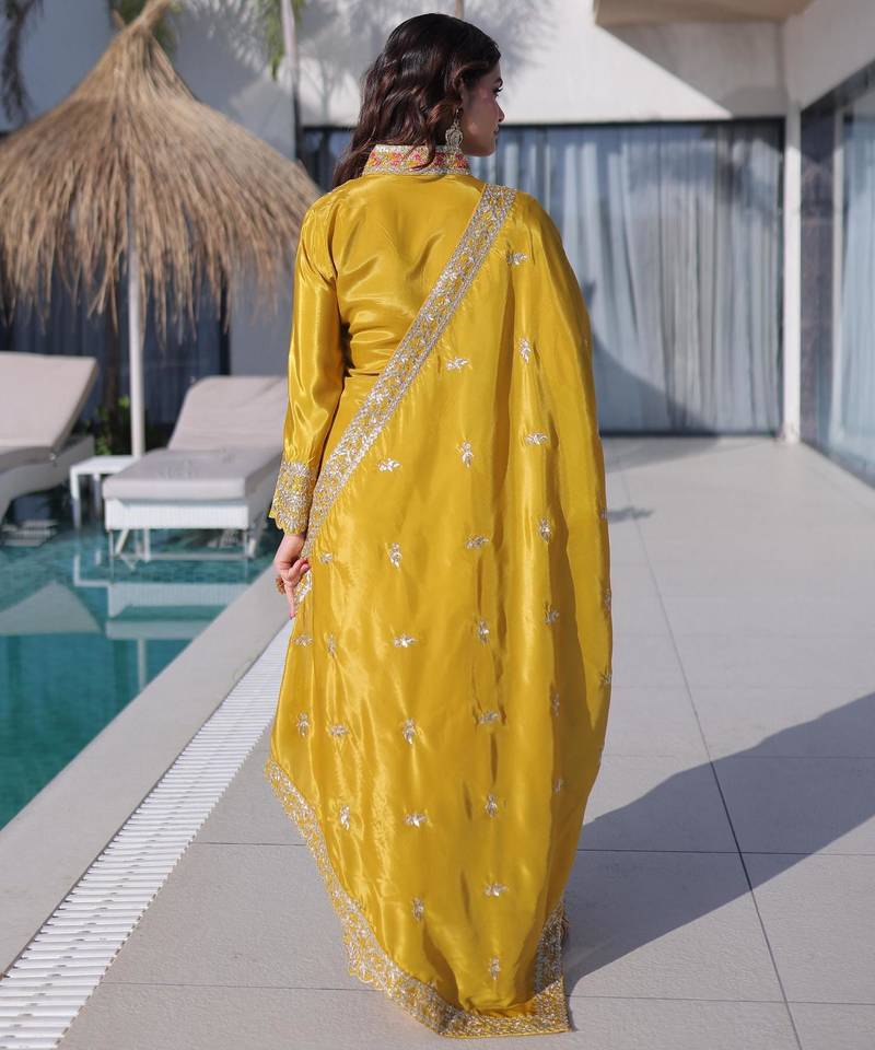Yellow silk sequins & zari embroidered work kurta and pant and heavy dupatta