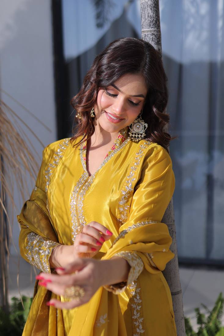 Yellow silk sequins & zari embroidered work kurta and pant and heavy dupatta