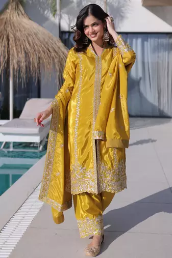 Yellow silk sequins & zari embroidered work kurta and pant and heavy dupatta