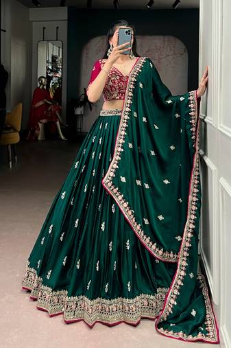 designer bottle green silk satin embroidered lehenga set